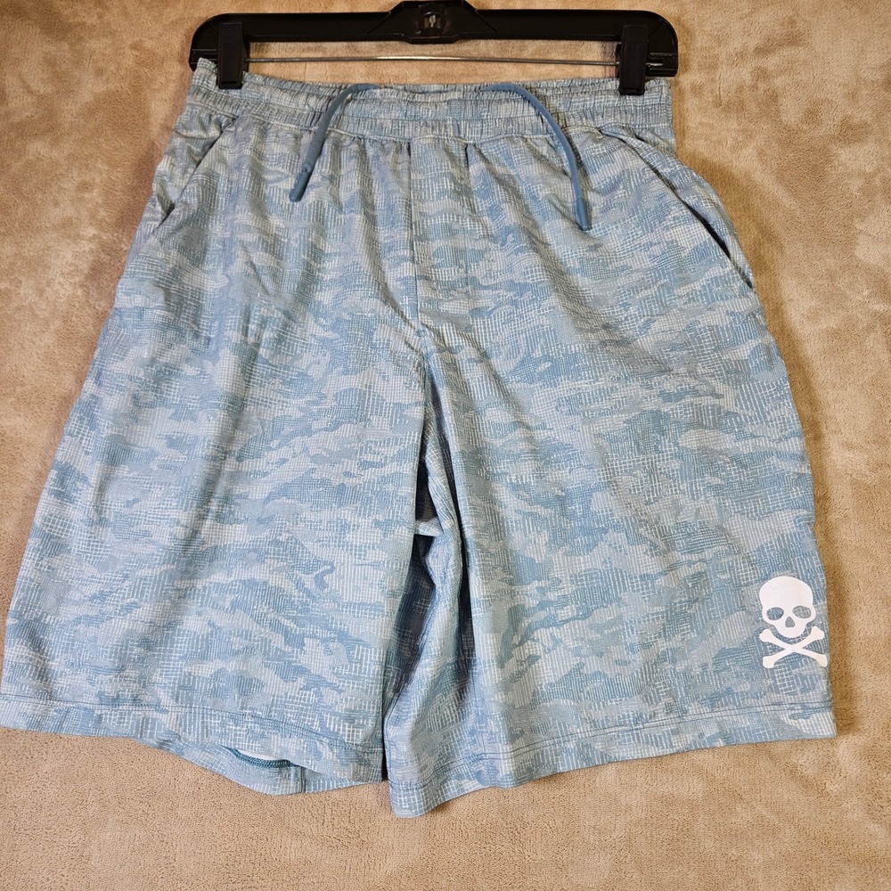 Lululemon SoulCycle Pace Breaker Shorts Mens Medium Blue Digital Camo Skull Logo - Picture 2 of 7